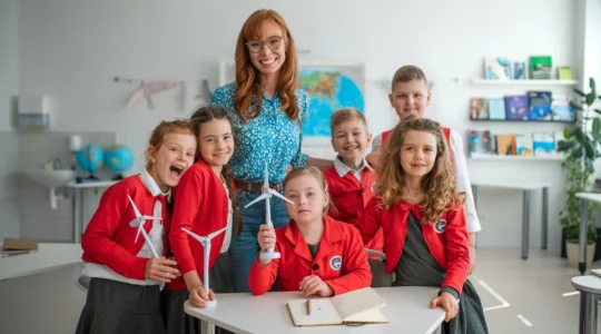 Sonderpädagogin in geblümter Bluse, umringt von 6 Kindern in roten Jacken. Alle lachen, 3 Kinder haben ein Modell einer Windkraftanlage in der Hand.